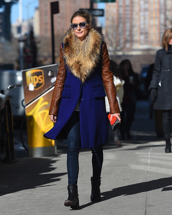 EXCLUSIVE: Olivia Palermo seen wearing a purple coat with fur collar in Brooklyn, New York