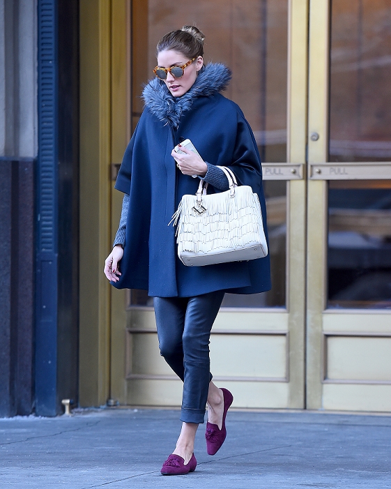 EXCLUSIVE: Olivia Palermo seen wearing a blue cape and purple shoes in Brooklyn, New York