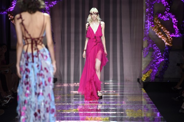 PARIS, FRANCE - JULY 05:  A model walks the runway at the Atelier Versace Autumn Winter 2015 fashion show during Paris Haute Couture Fashion Week on July 5, 2015 in Paris, France.  (Photo by Catwalking/Getty Images)