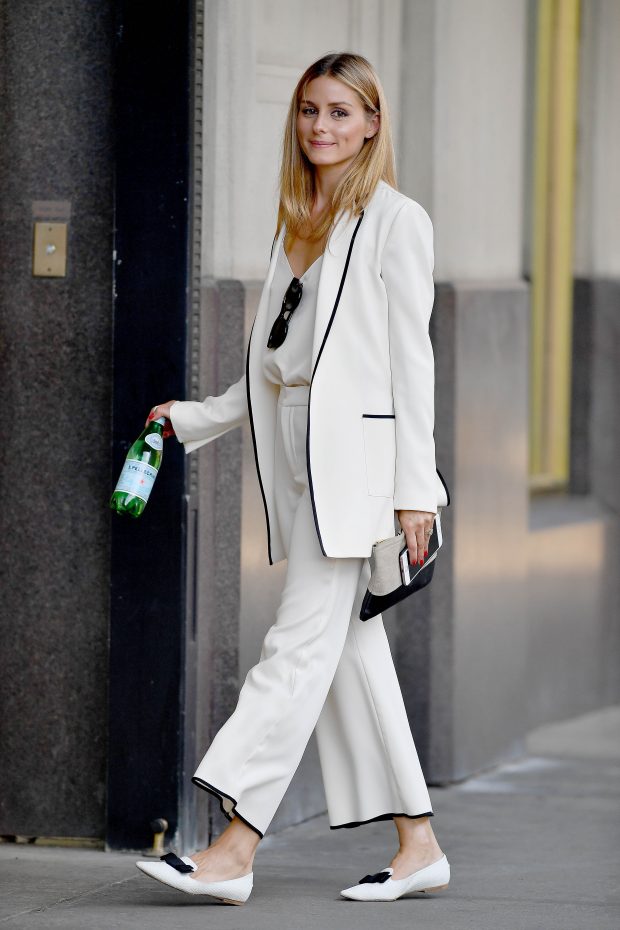 EXCLUSIVE: Olivia Palermo seen wearing a cream colored suit with black trim in Brooklyn, New York